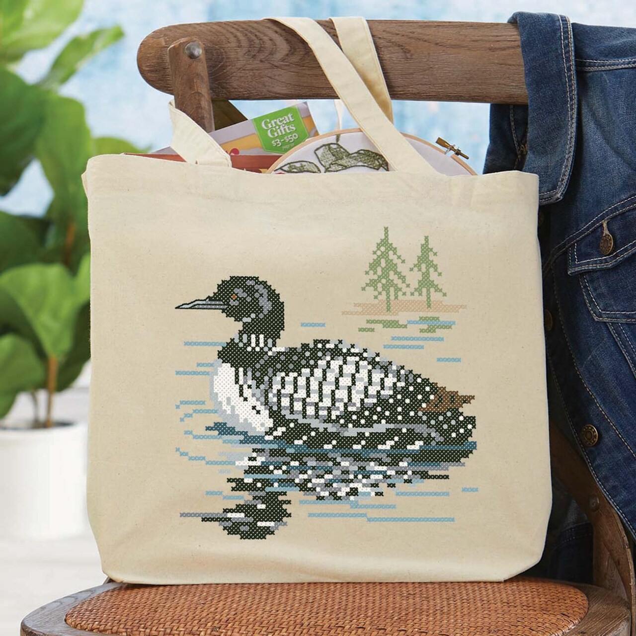 Herrschners Northwoods Loon Tote Bag Stamped Cross-Stitch Kit